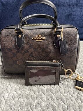 Coach Brown and Black Signature Rowan Satchel with Card Case and charms